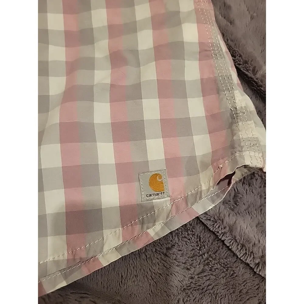Carhartt Women’s Plaid Button Up Shirt Pink Gray Gingham Workwear